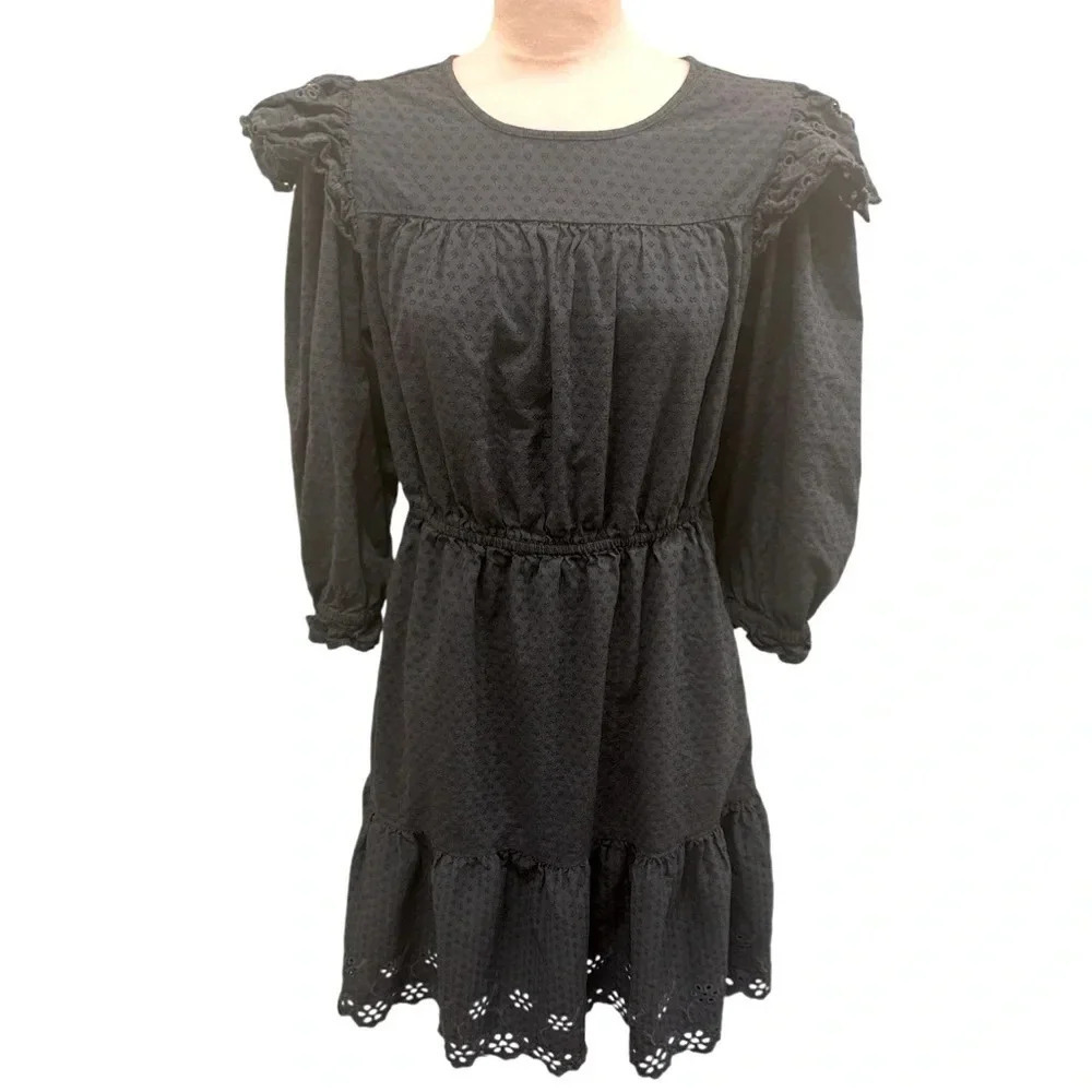 Universal Thread 3/4 Sleeve Eyelet Long Prairie Dress Dark Gray Boho Size Small